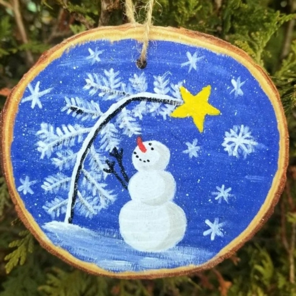 NWT Hand painted Snowman & Tree Wood Ornament